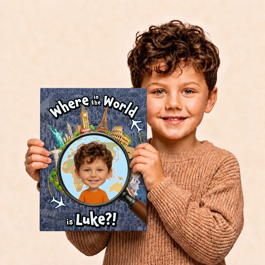 A child holding a Where in the World book