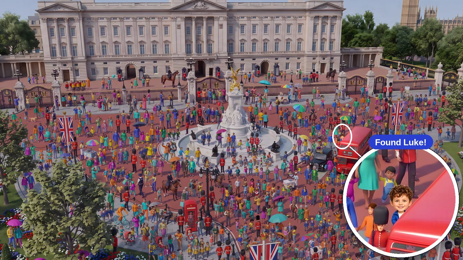 A Where in the World Are You?! scene in London, with the hidden child circled and magnified