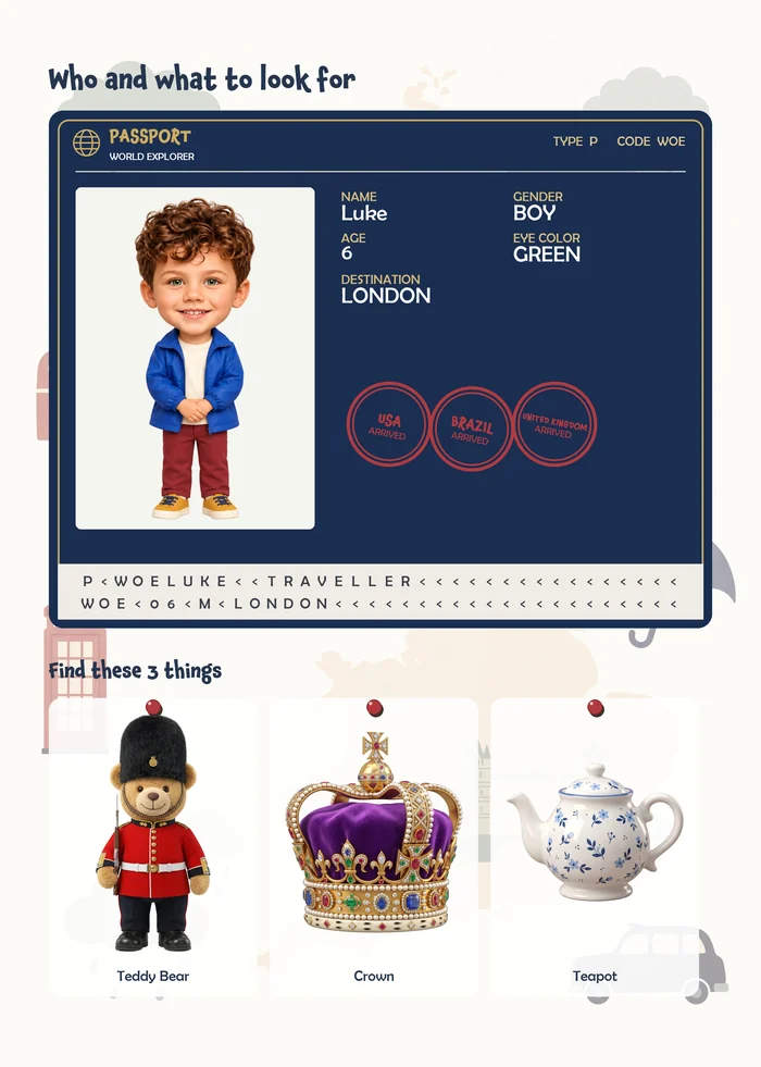 A passport page for London with the child's cartoon self and three things to find