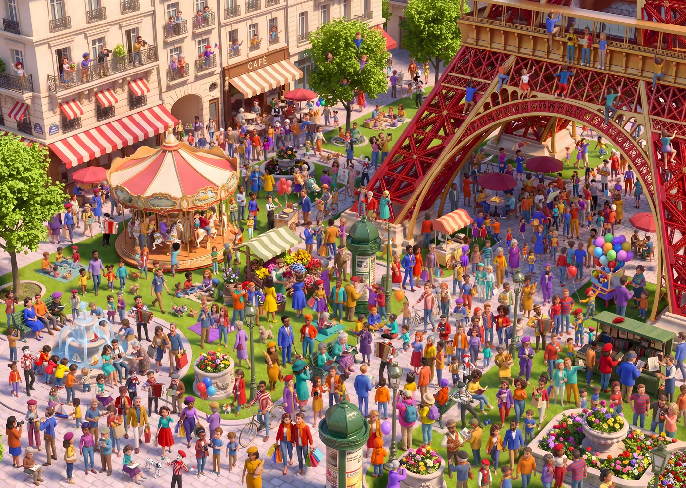 A two-page Where in the World Are You?! scene with the child hidden in the crowd